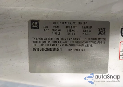 2017 Chevrolet Camaro 1Lt from USA, damaged, VIN 1G1FB1RX6H0208561